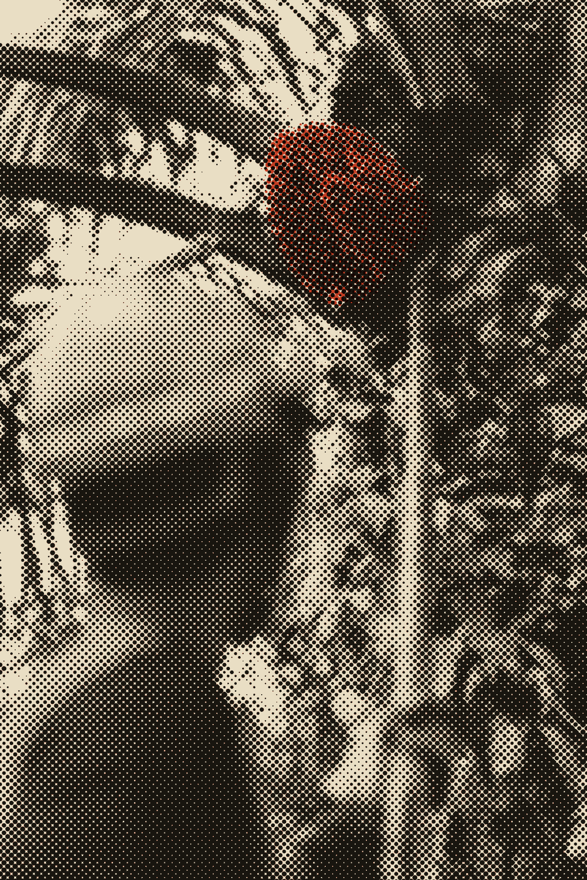 An oil palm harvester reaches up with a long pole to cut a fresh fruit bunch