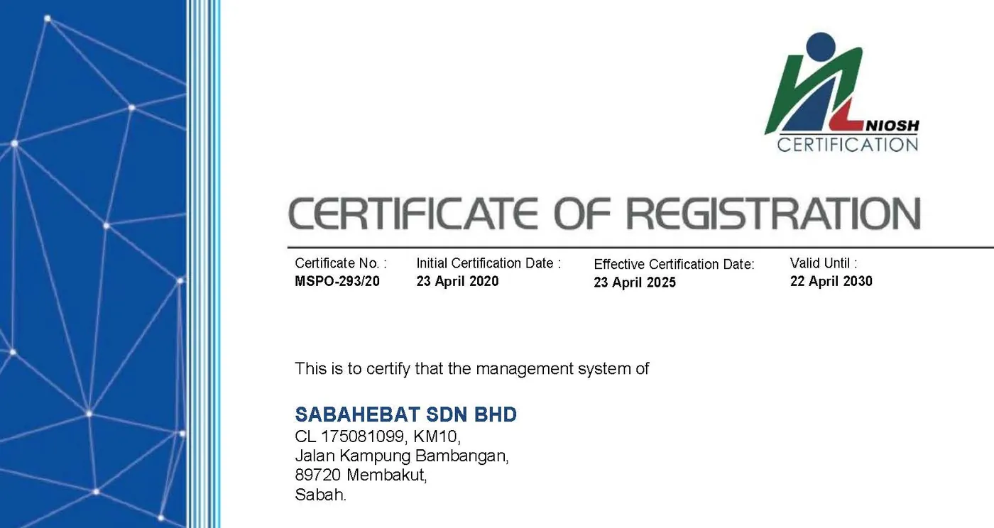 The top of Sabahebat's MSPO certificate, MSPO-293/20, valid until 22 April 2030